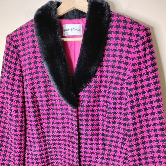 VTG Danny & Nicole Pink Houndstooth Blazer Faux-Fur Shawl Collar Sz 14 Clueless - Picture 4 of 11